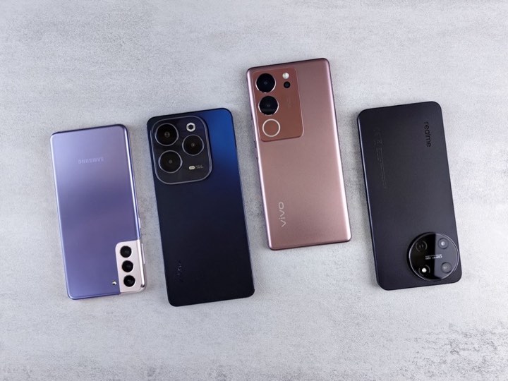 Four smartphones laid out flat